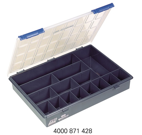 Component box W338xD261xH57mm 15 compartments transparent dark blue RAACO