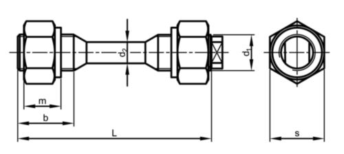 Svorník so závitmi na konci so zúženým driekom 2 šesťhrannými maticami DIN 2510 L/NF Oceľ C35E+QT (1.1181)/C35E+QT (1.1181) Nelegovaná