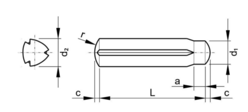 Ryhovaný kolík s rovnobežným drážkovaním po celej dĺžke a čapom DIN 1470 Ľahko obrobiteľná oceľ
