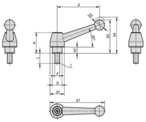 KIPP Clamping levers, external thread Silver grey Steel 1.0401/5.8 Paint/black oxide