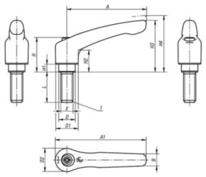 KIPP Clamping levers, external thread Black Die cast zinc/stainless steel 1.4305 Plastic coated/bright