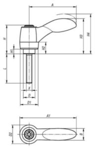 KIPP Clamping levers 2K, external thread Černá/Stříbrná Nerezová ocel 1.4305 / plast M8X64,9X20