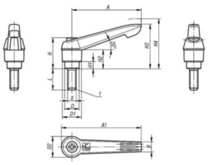 KIPP Clamping levers plastic grip, external thread Rojo tráfico Acero 5,8, cable de plástico Oxidado negro