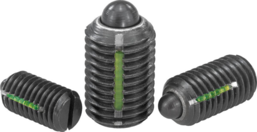 Spring plungers with slot and thrust pin, LONG-LOK secured light spring force Steel 5.8 Black oxide M5
