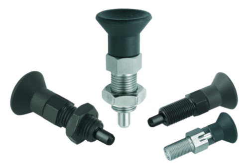 KIPP Indexing plungers with extended pin, lockout type, with locknut Métrica fina Acero inoxidable 1.4305, pino endurecido, cable de plástico