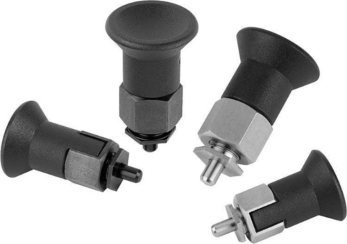 KIPP Indexing plungers for thin-walled parts, non-lockout type Métrica fina Aço 5.8, pino endurecido, cabo de plástico Oxidado preto
