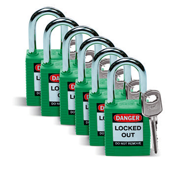 Brady Safety padlock 38MM W/SS GREEN KD 6PC