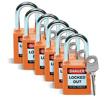 Brady Safety padlock 38MM W/SS ORANGE KD 6PC