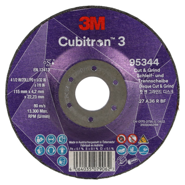 3M™ Cubitron™ 3 Cutting and Grinding Wheel, 95344, 36+, T27, 115 mm x 4.2 mm x 22.23 mm, CS, 10 pcs/pack, 20 pcs/box