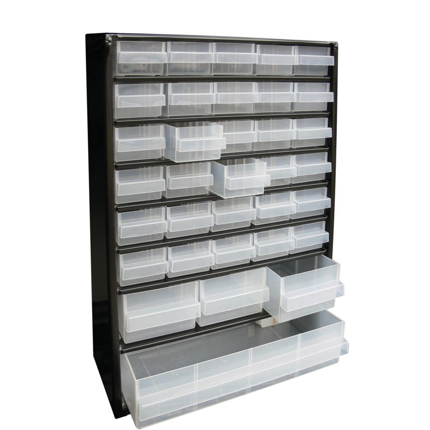 Small parts storage unit W306xD150xH420 mm sheet steel 34 polypropylene drawers
