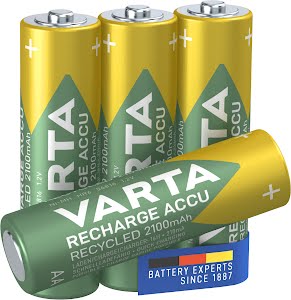 VARTA Recharge Accu Recycled AA 2100 mAh 4-pack (Pre-charged NiMH Accu, Mignon, 21 % recycled materials, rechargeable battery, ready to use)