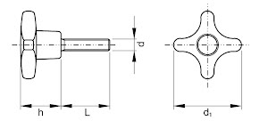 Four-arm knob with steel zinc plated threaded end Sklolaminátem vyztužený plast
