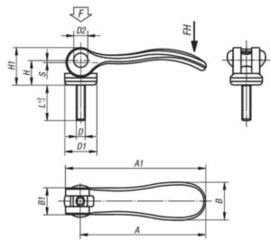 KIPP Cam levers, external thread Negru Aluminiu turnat EN AC-46200/otel inoxidabil 1.4305