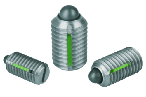 Spring plungers with slot and thrust pin, LONG-LOK secured standard spring force Stainless steel 1.4305 M16