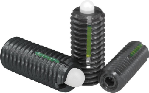 Spring plungers with hexagon socket and thrust pin, LONG-LOK standard spring force Steel 5.8, POM pin Black oxide