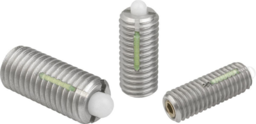 Spring plungers with hexagon socket and thrust pin, LONG-LOK, standard spring force Stainless steel 1.4305, POM pin