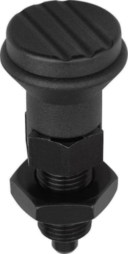KIPP Indexing plungers, high, lockout type, with locknut Metric fine thread Steel 5.8, hardened pin, plastic grip Black oxide