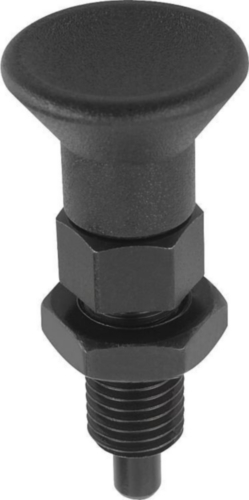 KIPP Indexing plungers with extended pin, non-lockout type, with locknut Filet metric fin Otel 5.8, pin tratat, maner plastic Oxid negru