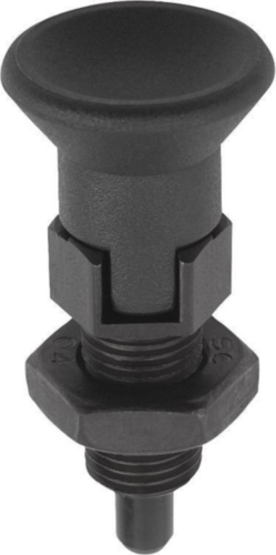 KIPP Indexing plungers with extended pin, lockout type, with locknut Filet metric fin Otel 5.8, pin tratat, maner plastic Oxid negru