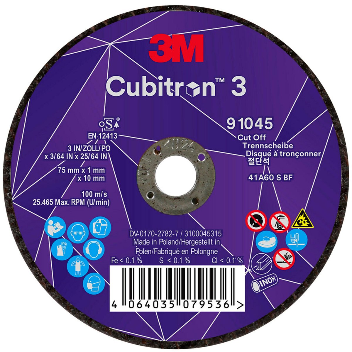 3M™ Cubitron™ 3 Cutting Wheel, 91045, 60+, T41, 75 mm x 1 mm x 10 mm, CS, 25 pcs/pack, 50 pcs/box