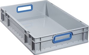 Stackable transport container L 600 x W 400 x H 120 mm grey PP open handle blue ALLIT