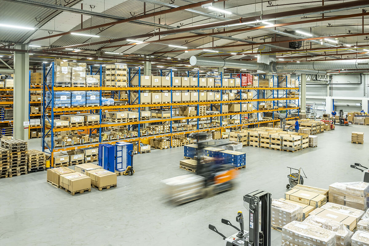 Fabory warehouse with several logistical stands Fabory warehouse with several logistical stands
