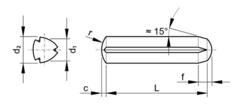 Grooved pin, full length parallel with chamfer DIN 1473 Free-cutting steel 2X5MM