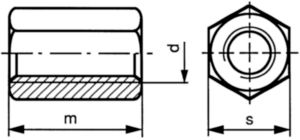 Zeskantverbindingsmoer H=3xD Automatenstaal Blank