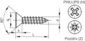 Cross recessed countersunk head tapping screw DIN 7982 C-H Steel Nickel plated