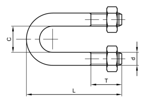 U-bolt, round, with 2 nuts ASME B18.31.5 Carbon steel SAE Zinc plated 1/4X2X1.1/8