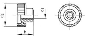 Knurled knob with brass thread insert and through hole Üvegszál-erősítésű műanyag nyitott, menetes persellyel