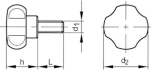 Four-lobe knob with steel zinc plated threaded end Glasvezel versterkt kunststof met draadeind