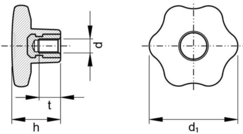 Six-lobe knob with brass thread insert Glass-fibre reinforced plastic