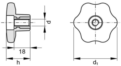 Six-lobe knob with brass thread insert and through hole Plastico reforçado com fibra de vidro fêmea