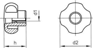 Four-lobe knob with brass thread insert and through hole Üvegszál-erősítésű műanyag nyitott