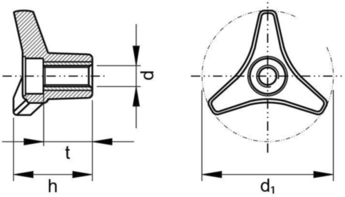 Three-arm knob with brass thread insert and through hole Üvegszál-erősítésű műanyag