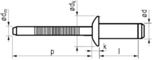 Dome head open end blind rivet, high strength Steel / Steel Zinc plated 6,4X18,5MM