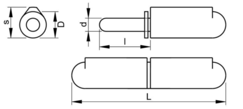 Lasscharnier  Roestvaststaal (RVS) cilinder met aanlaslip AISI 304, pen en tussenring AISI 303