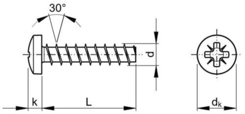Zelf draadvormende schroeven, 30 graden, pancilinder (Z) Roestvaststaal (RVS) A2