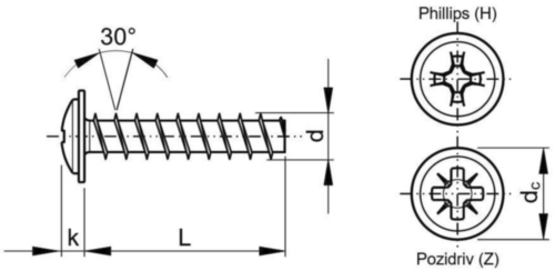 Flange head PH screw for plastic 30° Steel Zinc plated black passivated