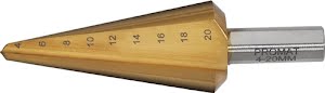 Getrapte plaatboor boorbereik 4-20 mm HSS TiN totale lengte 71 mm snedeaantal PROMAT