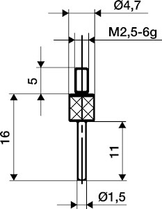 Meetinzetstuk d. 1,5 mm lengte 30 mm stift M2,5 staal passend voor meetklokken KÄFER