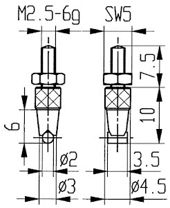Meetinzetstuk d. 2 mm horizontale cilinder M2,5 staal passend voor meetklokken KÄFER